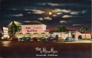 OCEANSIDE, CALIFORNIA - MIRAMAR RESTAURANT AT NIGHT - LINEN POSTCARD - Picture 1 of 2