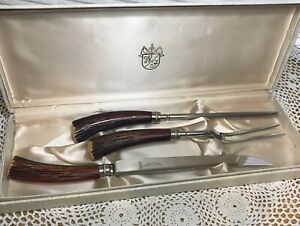 Vintage Sheffield Carving Knife, Fork Set Washington Forge Deer Horn Handles
