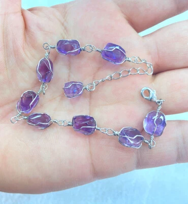 Brazalete chakra chapado en oro blanco con piedras preciosas áspera amatista púrpura natural regalo para mujer Foto 1 de 4