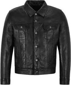 Chaqueta de camionero de cuero suave para hombre negra Western Denim estilo Levi chaqueta de abrigo - Imagen 1 de 8