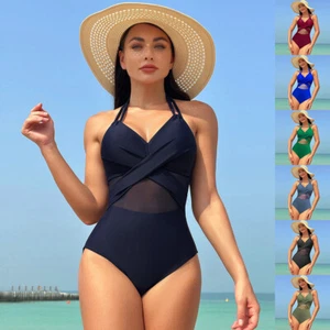 Halter-neck One-piece Swimsuit Summer Solid Color Cross-strap Design Mesh Bikini - Picture 1 of 10