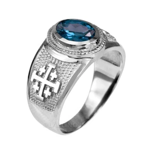 Sterling Silver Jerusalem Cross Blue CZ December Birthstone Ring - Picture 1 of 3
