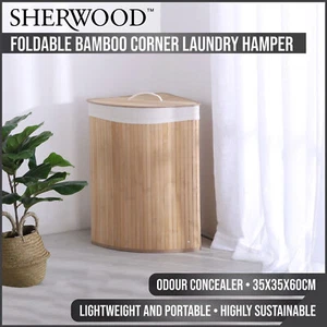 Sherwood Space Saver Corner Folding Bamboo Lid Laundry Hamper Washing Basket Bin - Picture 1 of 10