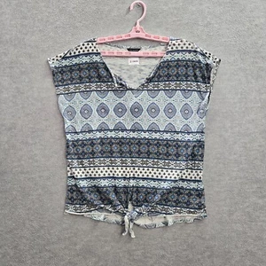 Lucky Brand Women Blouse L Blue Geometric Aztec Boho V-neck Tie Front Cotton - Picture 1 of 8