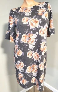 AGB Women’s Gray Floral Shift Dress Pullover Sz XL Ruffle Sleeve Stretchy Knit ~ - Picture 1 of 5