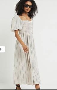 River Island Stone Stripe Puff Sleeve Smock Midi Dress Size 14 BNWT - Picture 1 of 8