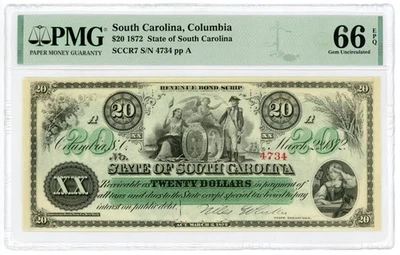 1872 Cr.7 $20 The State of SOUTH CAROLINA Note - PMG Gem 66 EPQ - Image 1 of 2