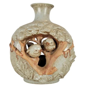 Rustic Ceramic Vase Tree Trunk Birds 9" Tall Votive Holder Decor Vintage Finch - Picture 1 of 19
