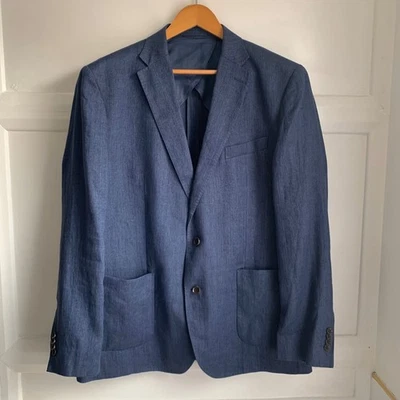 John Lewis Linen Herringbone Blazer Mens 46 R Dark Blue Semi Lined Jacket - Image 1 of 4