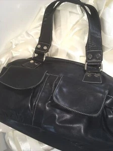 Perlina Large Satchel In Soft Black Leather Double handled Silver toned hardware - Picture 1 of 12