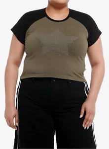 Star Rhinestone Dark Raglan Girls Crop T-Shirt Plus Size 2 - Picture 1 of 8