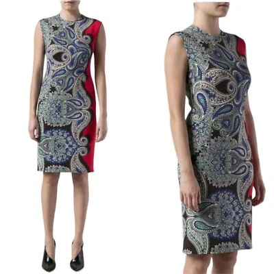 LANVIN Blue Red Paisley Sheath Dress Sz 38/6 Cap-Sleeve Knee Length Designer - Image 1 of 4