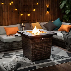 40000BTU Outdoor Gas Fire Pit Table 28inch Wicker Square Fire Pit Table US - Picture 1 of 10