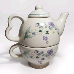 Vintage Pfaltzgraff April Floral Steinzeug verschachtelt stapelbar Teekanne & Becher Set  - Bild 1 von 12