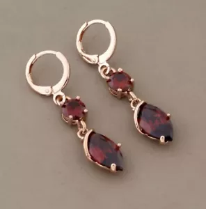 9ct Rose Gold filled Twist Lab-created Red Garnet Dangle Earrings FREE BOX(218) - Picture 1 of 9