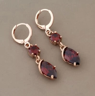 9ct Rose Gold GF Twist Lab-created Red Garnet Dangle Earrings FREE BOX(218) - Image 1 of 4
