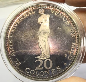 COSTA RICA 20 Colones 1970 Silver Rainbow Toned 1.4 Oz 50.8mm Venus De Milo - Picture 1 of 8