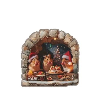 Calcomanía de Pared 3D Pegatina GRANDE 4.5" X 4.5" RATÓN NAVIDAD ESCENA AGUJERO M2 Foto 1 de 4