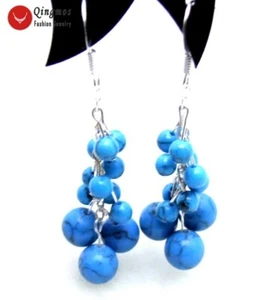 4-8 mm Pendiente Redondo Azul TURQUESA para Mujer Pendiente Colgante Uva Gancho Siliver - Imagen 1 de 4