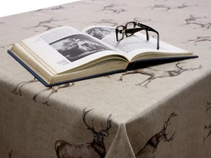 Beige Natural Highland Stags Oilcloth Wipe Clean Tablecloth Round Rectangle - Picture 1 of 4