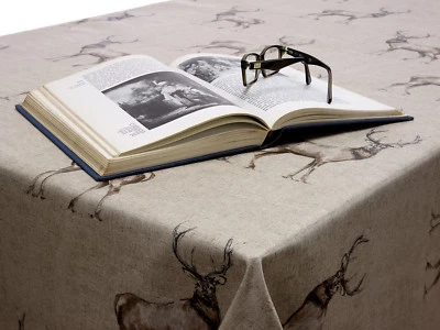 Beige Natural Highland Stags Oilcloth Wipe Clean Tablecloth Round Rectangle - Image 1 of 4