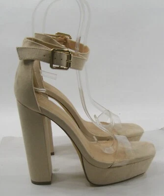 skintone/clear  5.5"High Block Heel Open Toe ankle strap Shoes WOMEN  Size  8 - Image 1 of 4