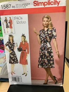 Simplicity Pattern 1587 1940'S RETRO DRESS W/ SLEEVE VARIATIONS SZ 14-22 UNCUT - Picture 1 of 2