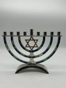 Silver Tone Hanukkah Menorah Star of David Blue Green Accent Holds 9 Candles - Picture 1 of 5