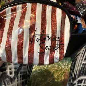 Victoria's Secret BEAUTY Red Glitter & White Stripes Mini Cosmetic Makeup Bag - Picture 1 of 10