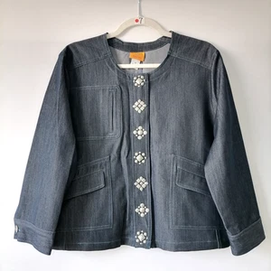 Ruby Rd. Womens Blue Beaded Detailing Pocket Denim Blazer Jacket Size 14 - Picture 1 of 9