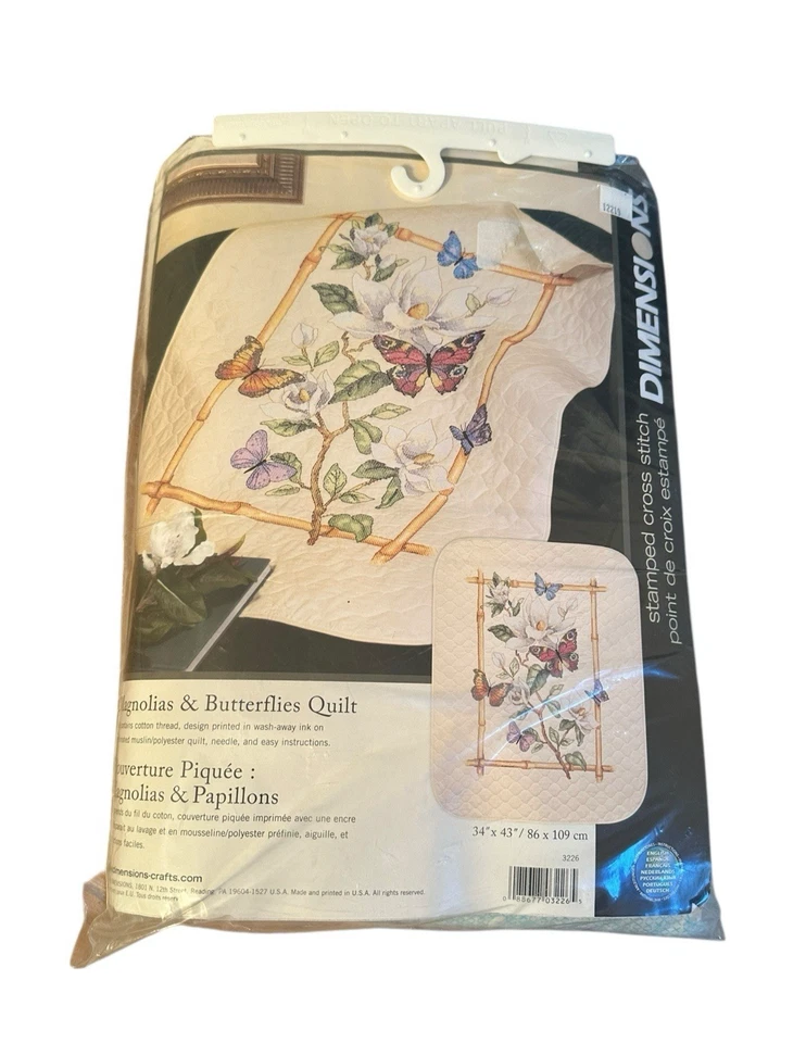Dimensions Magnolias & Butterflies Quilt Stamped Cross-Stitch Kit Vintage - Image 1 of 4
