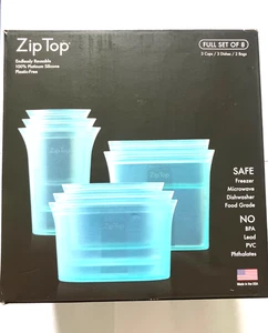 Zip Top Set 8 Sacchetti Riutilizzabili Silicone Platino Assortiti Nuovi in Scatola Blu Teal - Foto 1 di 2