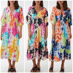 New Ladies Womens Made In Italy Tie Dye Sheared Waist Midi Dress Maxi Dress BNWT - Picture 1 of 10