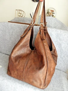 grand sac cabas doubles anses 100% cuir gras marron patiné Made Italy - Imagen 1 de 12