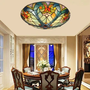 16" Tiffany Stained Glass Chandelier Flush Mount Ceiling Light Handmade Fixture - Picture 1 of 16
