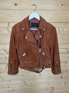 AllSaints Suede Cole Biker Jacket Size UK8 100% Leather Brown Pockets Belted - Picture 1 of 22