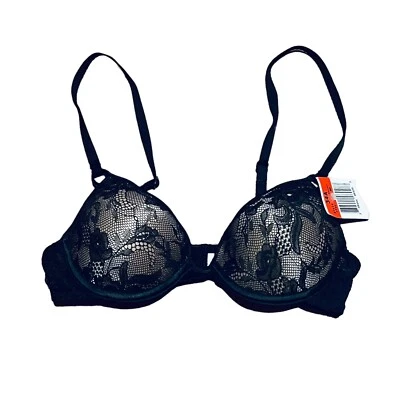 Wonderbra 7730 Lightly Padded Underwire Floral Lace Bra 34A Black Vintage NEW - Image 1 of 4