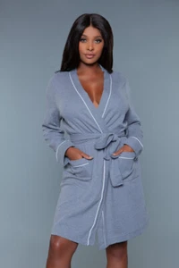 BeWicked Waffle Texture Full Length Bathrobe with Piping, Self-Tie Waist - Gray - Picture 1 of 4