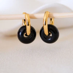 Natural Black Onyx Drop Double Hoop Chunky Earrings Dainty Huggie Earrings Gift - Picture 1 of 4