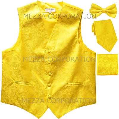 New Men's wedding formal Paisley Tuxedo Vest Necktie, Bowtie & Hankie set Yellow - Image 1 of 4