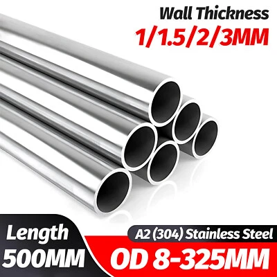 A2 Stainless Steel Round Tube 304 Diameters Ø 6-30mm Wall 1/1,5/2mm 300mm Length - Image 1 of 4