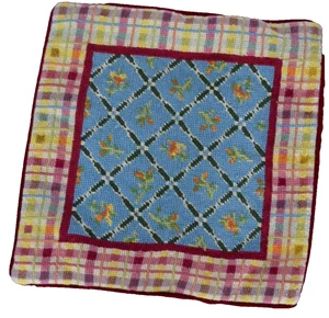Vtg Needlepoint Pillow Blue Floral Wool Yarn Velvet Back 12” Cottagecore Plaid - Picture 1 of 7