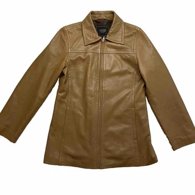 Chaqueta Coach de cuero marrón tostado suave mantecoso para mujer talla mediana bolsillos con cremallera” Foto 1 de 4