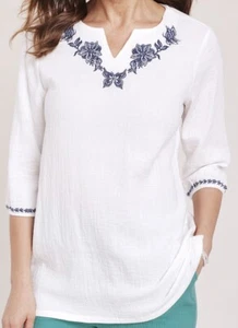 Ladies Spring Tunic White Cotton Gauze Black Embroidered 3XL 3/4 Sleeves - Picture 1 of 1
