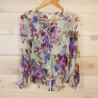 Женская блуза Sundance XS 100% шелк прозрачная с цветочным узором на пуговицах галстук-галстук легкая - Изображение 1 из 4