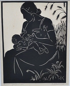 Mutter mit Kind - alter Scherenschnitt - undeutlich signiert - Bild 1 von 3