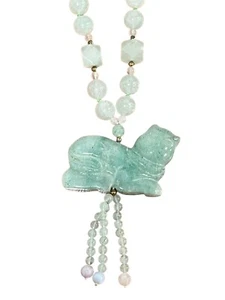 Light Green Jade Hand Knotted Carved Cat Pendant Tassels Round Square Necklace - Picture 1 of 9