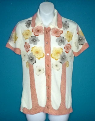 Vtg 60s 70s Devonette Polytron Knit Button Front Floral Top Shirt Sz S/M - Image 1 of 4
