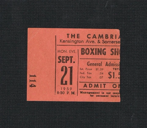 RARE 1959 Philadelphia boxing ticket LANCASTER PORR Howard Clemens Melito Waters Cover
