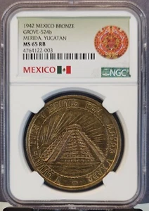 1942 MEXICO MEDAL GROVE 524b MERIDA YUCATAN PYRAMID NGC MS 65 RB SCARCE GEM BU - Picture 1 of 3